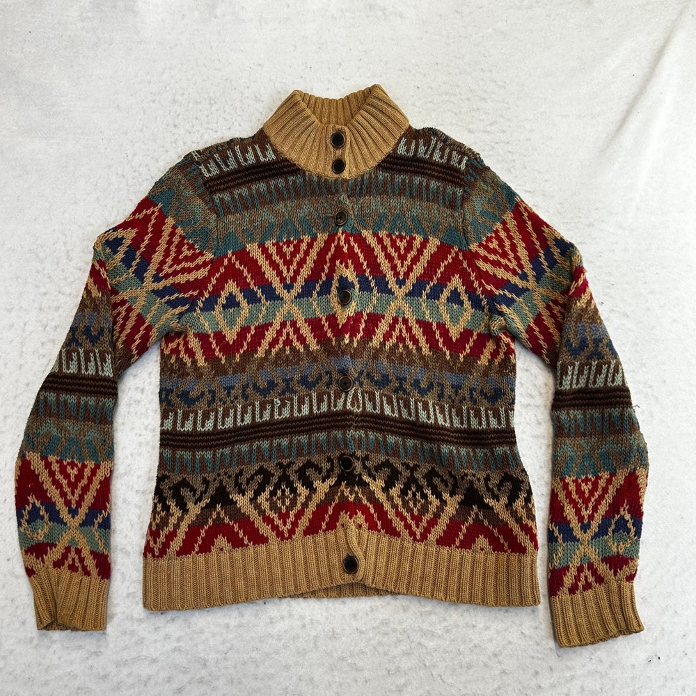 Lauren Jeans Co Ralph Lauren Cardigan Sweater Womens Large Brown Fair Isle Knit